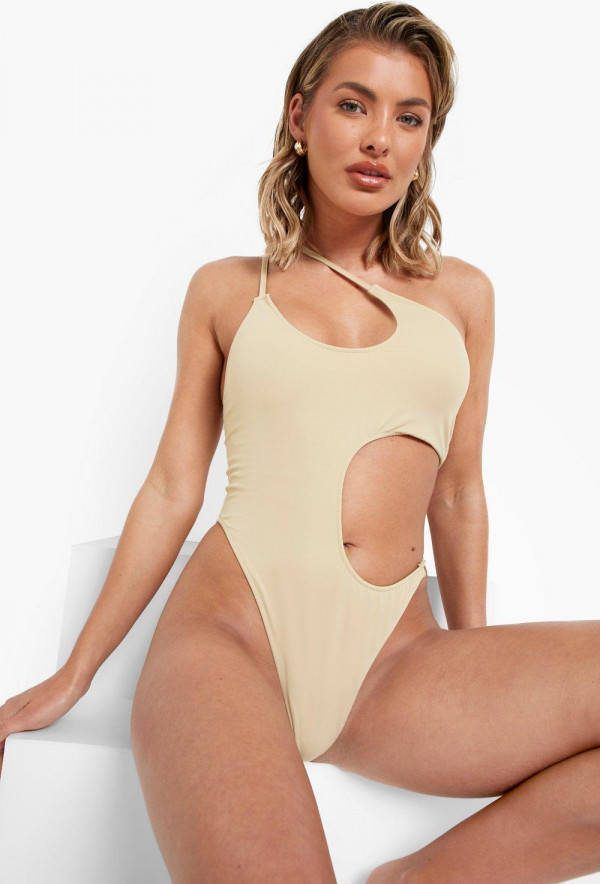 boohoo Asymmetrisch Badpak Met Bandjes En Uitsnijding, Stone