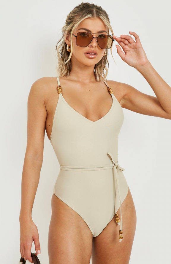 boohoo Badpak Met Ceintuur En Houten Kraaltjes, Sand
