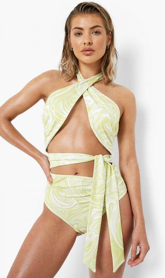 boohoo Badpak Met Halter En Hals Strik, Yellow