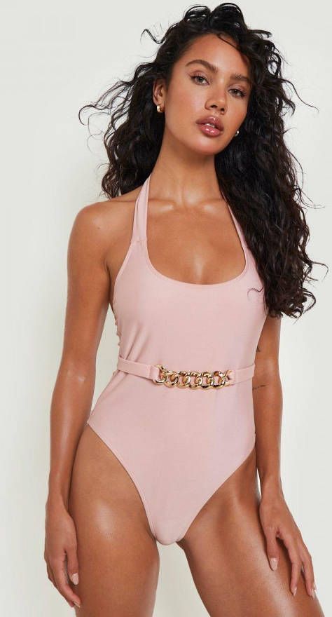 boohoo Badpak Met Kettingprint Zoomopdruk, Ceintuur En Laag Decollet&#xE9,, Champagne