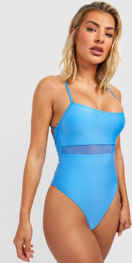 boohoo Badpak Met Lage Ronde Hals En Mesh Insert, Blue