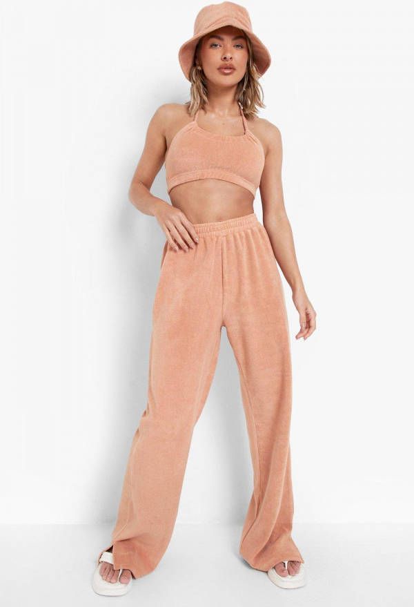 boohoo Badstoffen Strand Broek Met Split En Geplooide Taille, Mocha