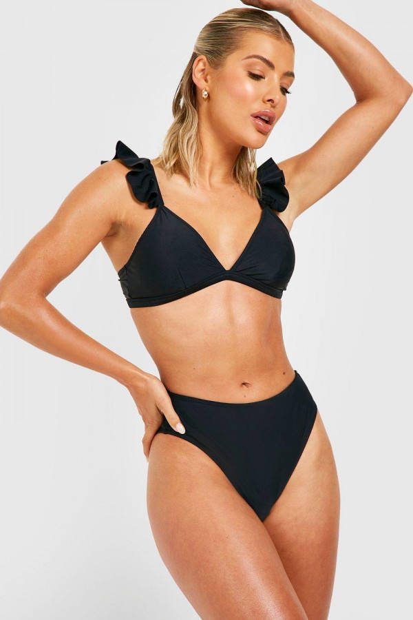 boohoo Bikini Set Met Ruches En Bandjes En High Waist Bikini Broekje, Black