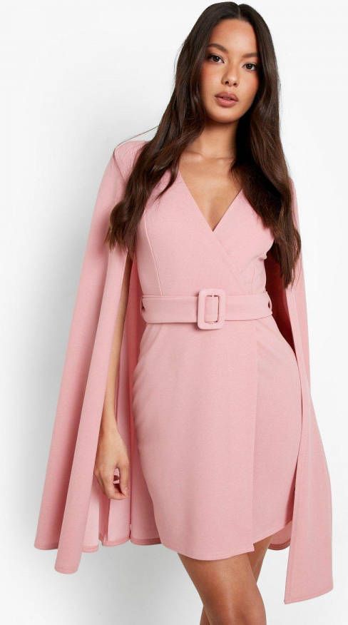 boohoo Blazer Jurk Met Laag Decolleté,, Cape Detail En Ceintuur, Dusky Pink
