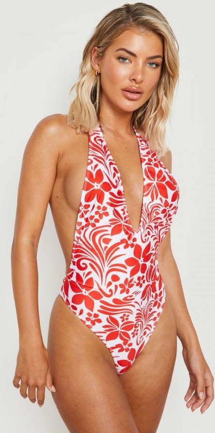 boohoo Bloemen Badpak Met Laag Decolleté,, Red