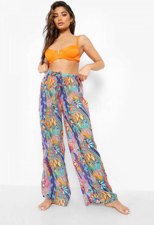 boohoo Chiffon Abstracte Bloemen Strand Broek, Blue