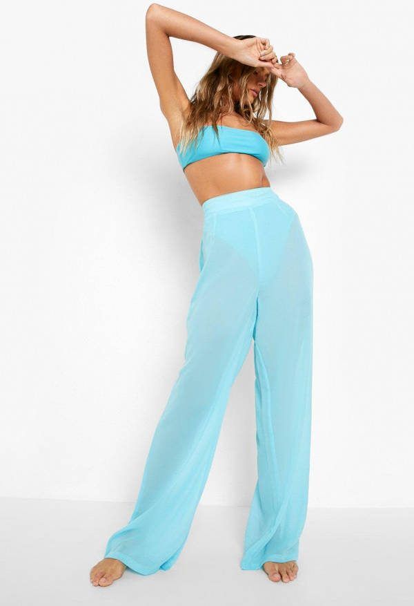 boohoo Chiffon Wide Leg Strand Broek, Turquoise