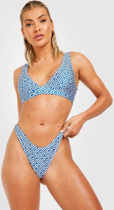 boohoo Contrasterende Geo Print Hipster Bikini Set Met Laag Decolleté,, Cobalt
