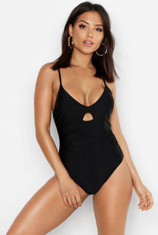 boohoo Control Plunge Key Hole Bathing Suit, Black