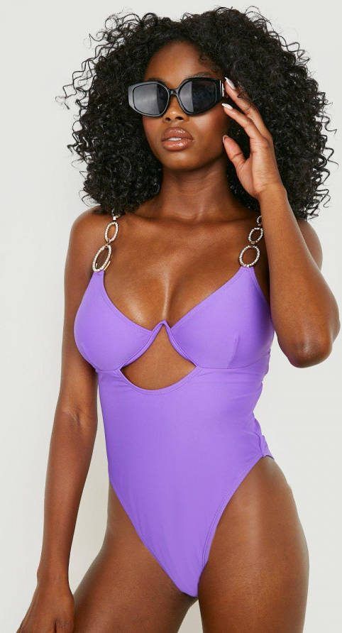 boohoo Cut Out Badpak Met Steentjes En Beugel, Purple