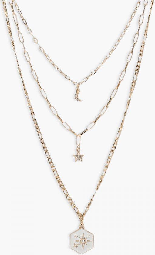 boohoo Driedubbele Noordster En Maan Ketting, Gold
