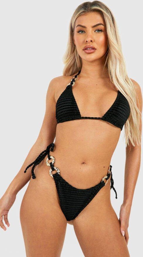 boohoo Driehoekige Bikini Set Met Textuur En Gouden Ring, Black