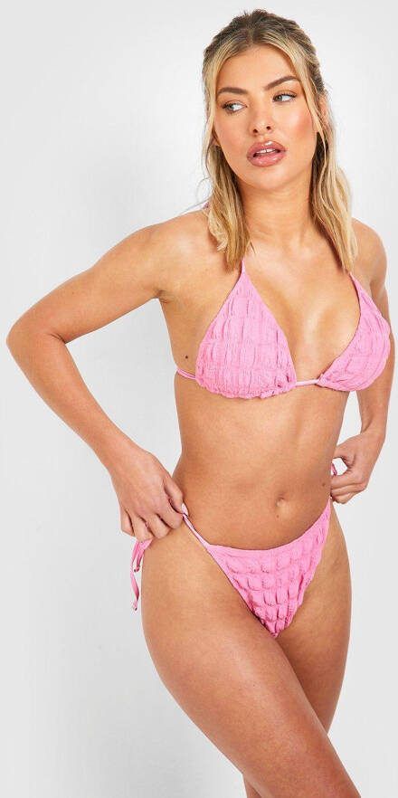 boohoo Driehoekige Popcorn Bikini Set Met Zijstrikjes En Textuur, Pink