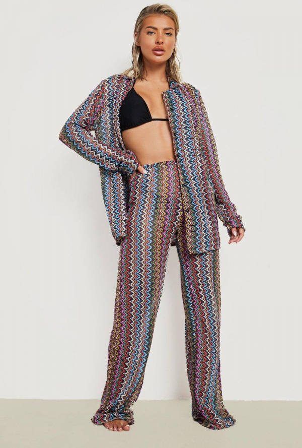 boohoo Gebreide Zig Zag Print Strand Broek, Navy