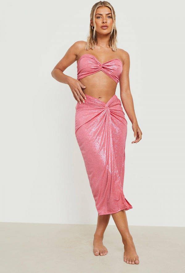 boohoo Gedraaide Glitter Top En Rok Strand Set, Pink