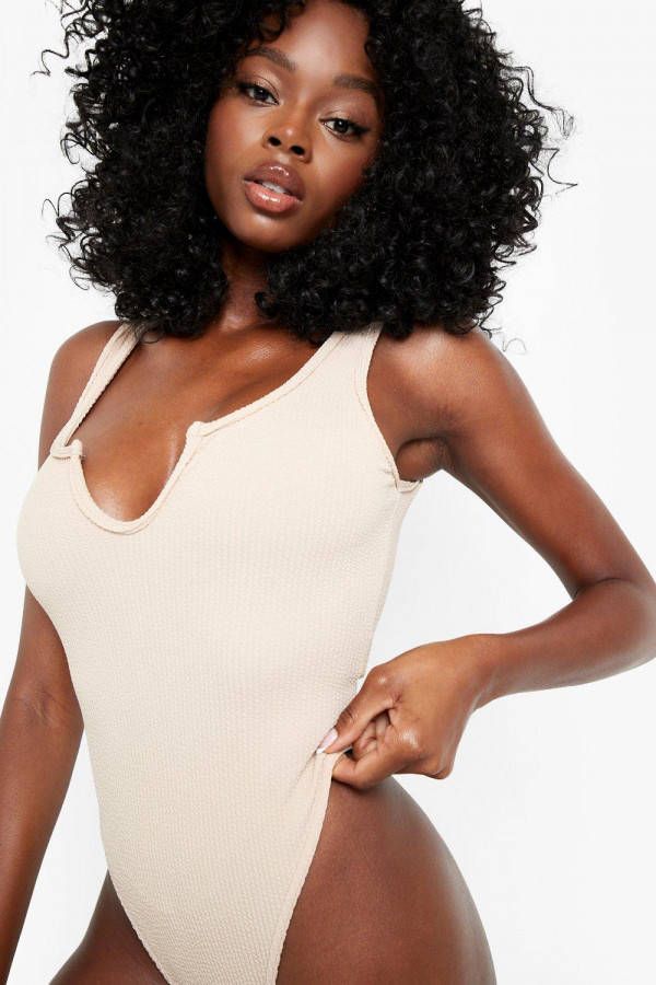 boohoo Gekreukeld Badpak Met Inkeping, Stone