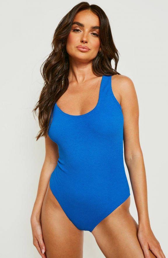 boohoo Gekreukeld Badpak Met Lage Ronde Hals, Pacific Blue