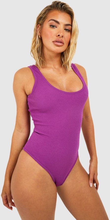 boohoo Gekreukeld Badpak Met Lage Ronde Hals, Purple