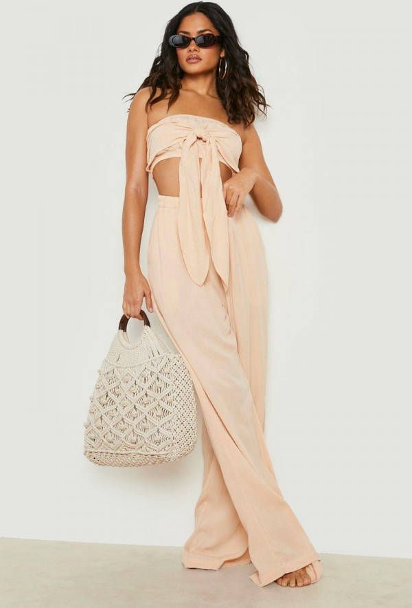 boohoo Gekreukelde Duurzame Wide Leg Strand Broek, Stone