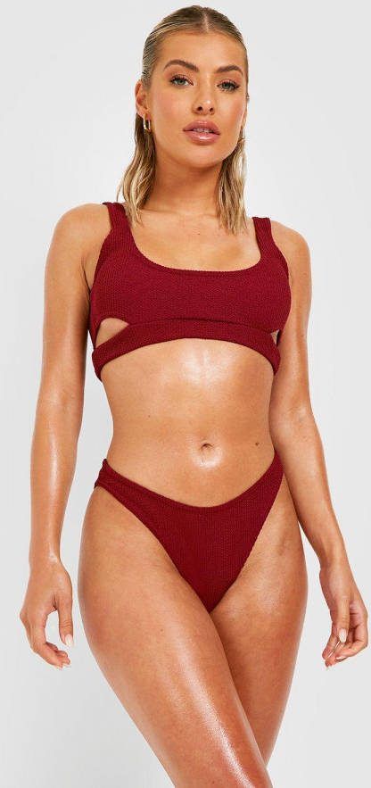 boohoo Gekreukelde Open Hipster Bikini Set Met Lage Ronde Hals, Plum