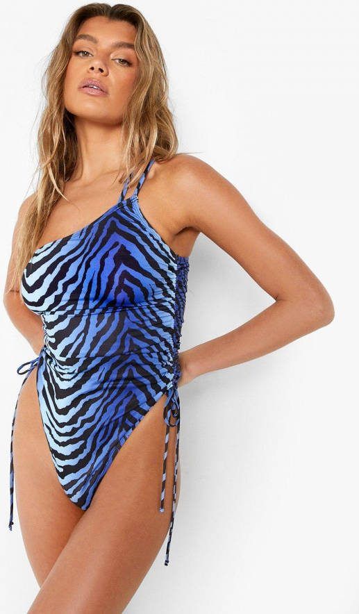 boohoo Geplooid Gerecycled Blauwe Zebraprint Badpak, Blue