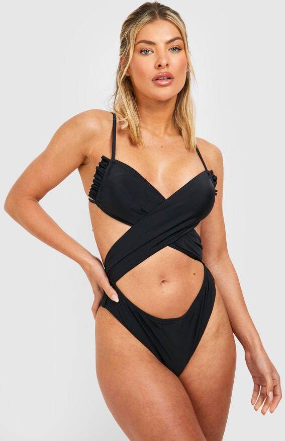 boohoo Geplooid Gewatteerd Wikkel Cut Out Badpak, Black