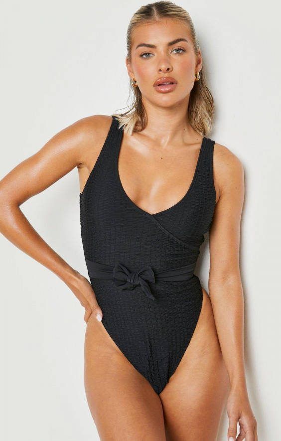 boohoo Geplooid Wikkel Badpak Met Laag Decolleté, En Ceintuur, Black