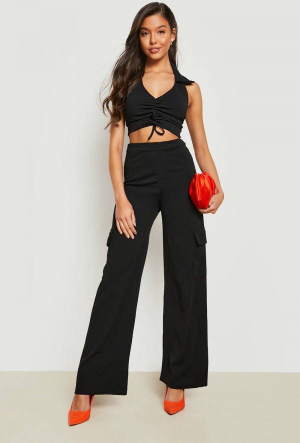 boohoo Geplooide Crop Top Met Kraag En Cargo Broek, Black