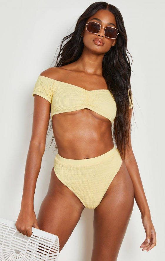 boohoo Geplooide Korte Bikini Met Korte Mouwen, Yellow