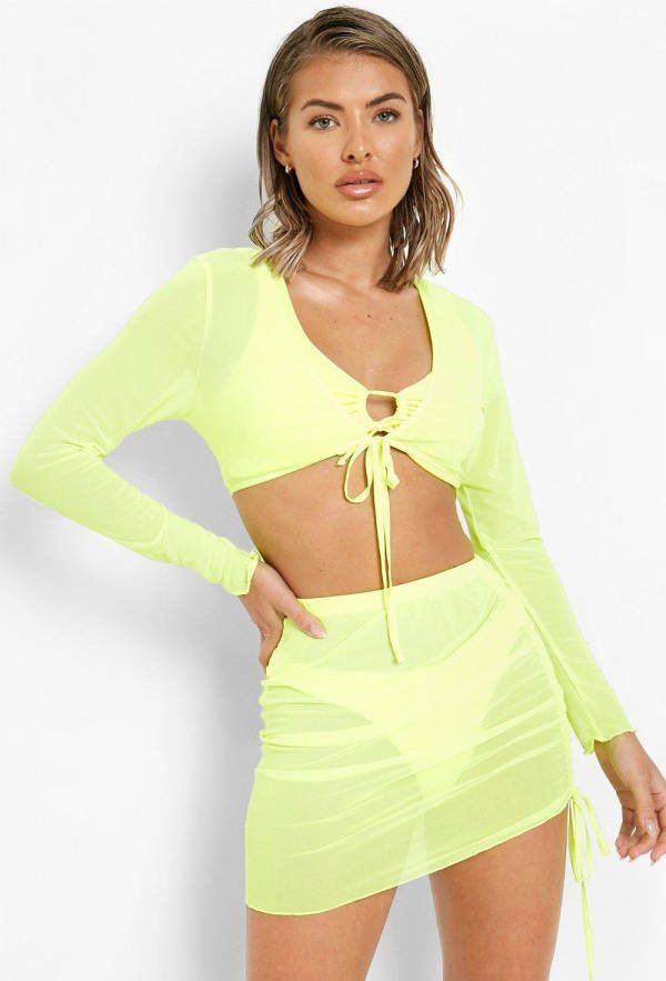 boohoo Geplooide Neon Mesh Top Met Strik En Rok Strand Set, Neon Yellow