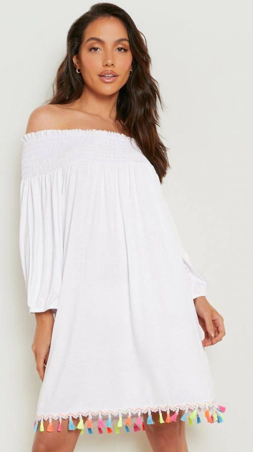 boohoo Geplooide Off Shoulder Strand Jurk Met Kwastjes, White