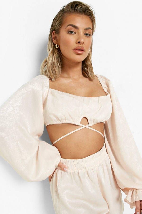 boohoo Geplooide Strand Crop Top Met Strik, Cream