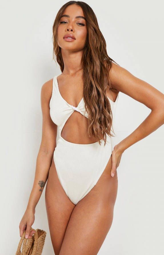 boohoo Gerecycled Geribbeld Gedraaid Cut Out Badpak, Ecru
