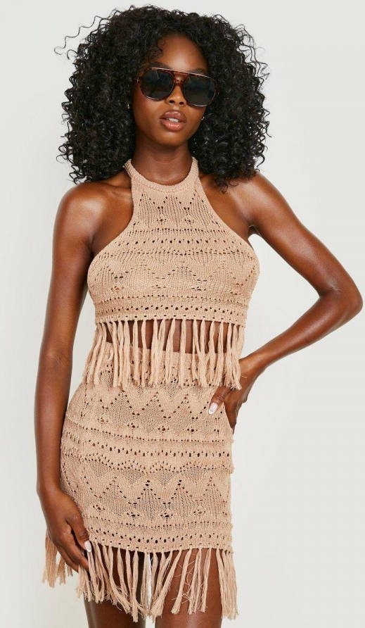 boohoo Gerecyclede Gehaakte Top En Rok Strand Set Met Kwastjes, Stone