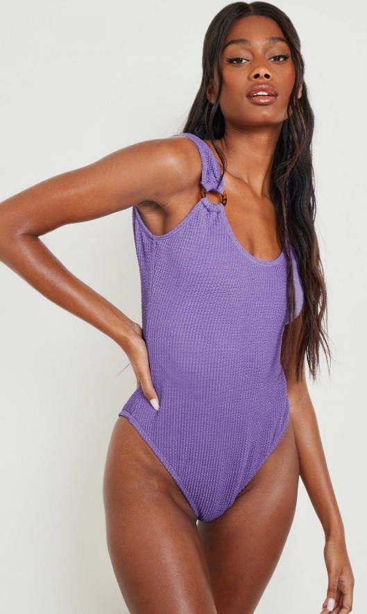 boohoo Gerecyclede Gekreukelde Badpak Met Bandjes En O Ring, Purple
