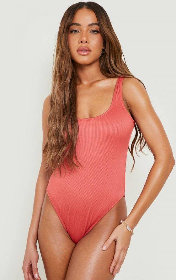 boohoo Gerecyclede Geribbelde Hoog Uitgesneden Badpak Met Lage Rug, Dusty Red