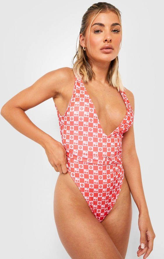 boohoo Geruit Bloemen Badpak Met Laag Decolleté, En Ceintuur, Red
