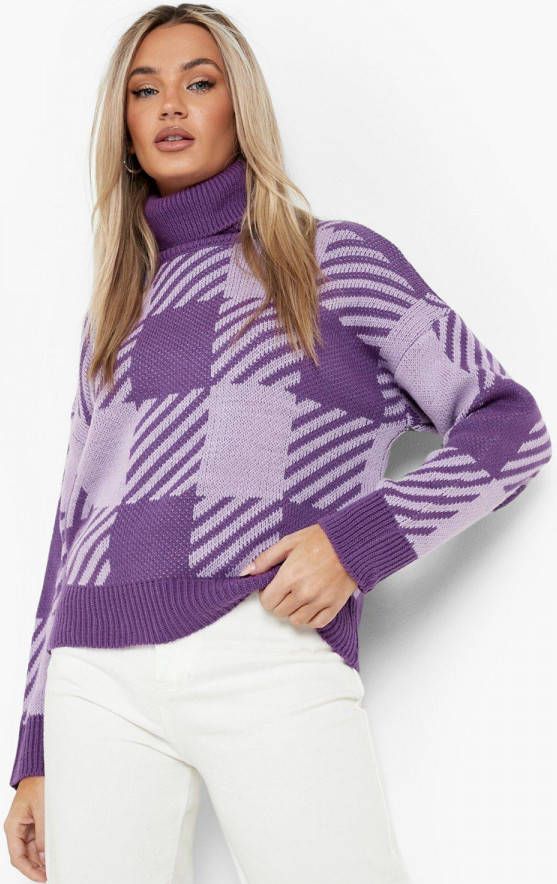boohoo Geruite Dogtooth Trui, Purple