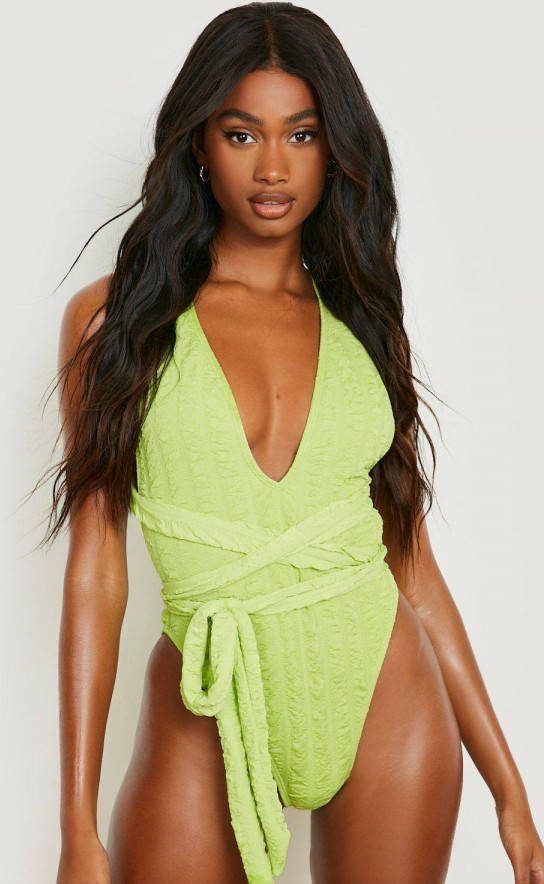 boohoo Gestreept Wikkel Badpak Met Textuur En Laag Decolleté,, Lime