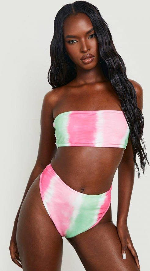 boohoo Gestreepte Tie Dye High Waist Bandeau Bikini Set, Pink