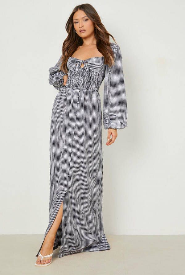 boohoo Gingham Print Maxi Jurk Met Strik, Black