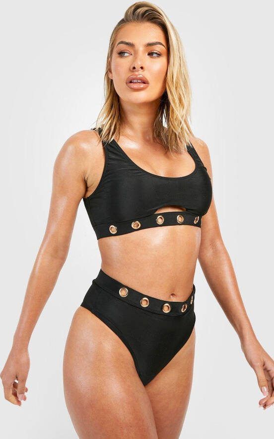 boohoo High Waist Bikini Broekje Met Metalen Ringetjes, Black