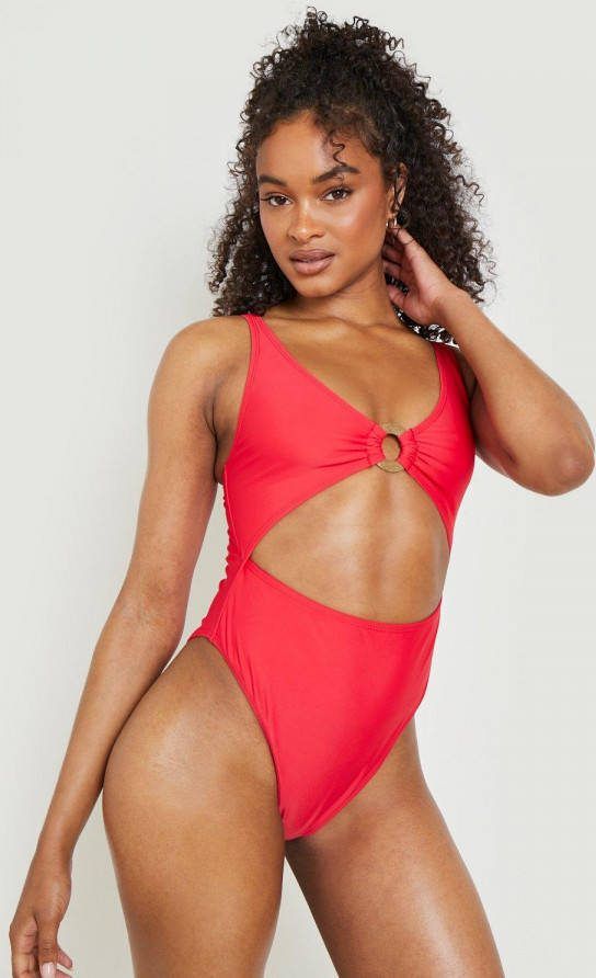 boohoo Houten Cut Out Badpak Met O Ring, Red