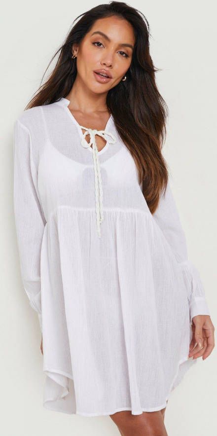 boohoo Kaasdoek Strand Jurk Met Strik, White