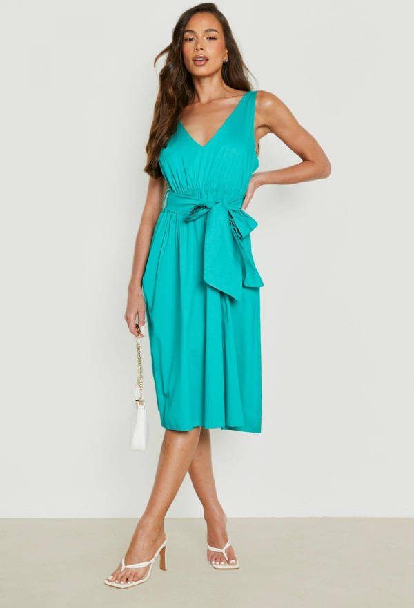 boohoo Katoenen Midi Zonnejurk Met Ceintuur En Strik, Teal