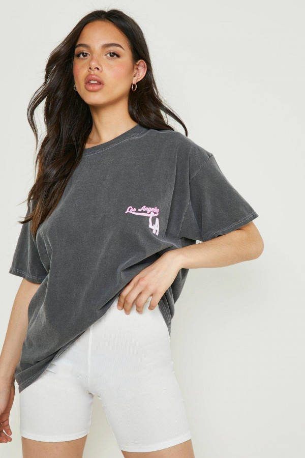 boohoo Oversized La T Shirt Met Print, Charcoal