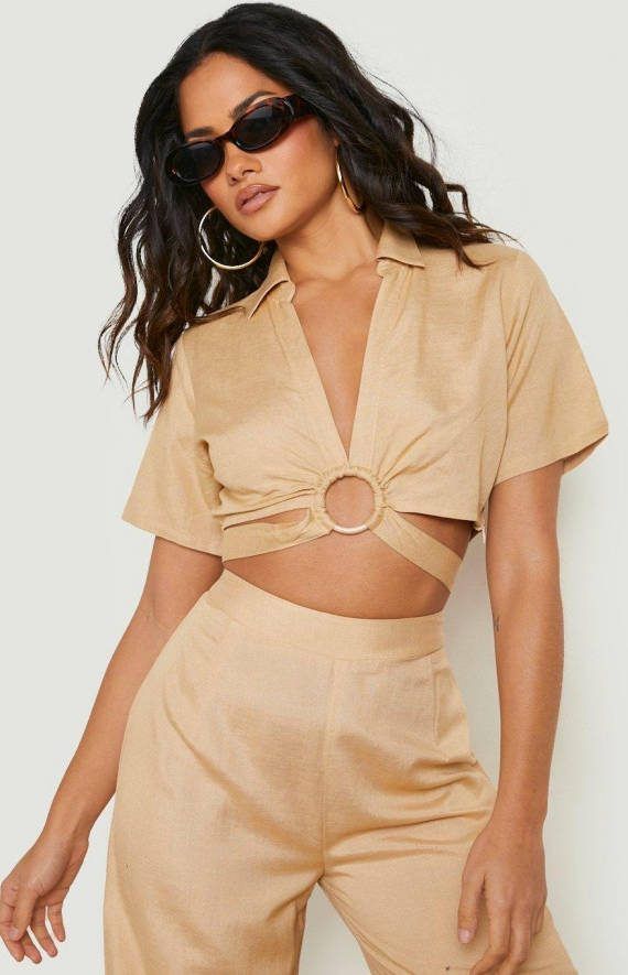 boohoo Linnen Strand Top Met O Ring En Kraag, Sand
