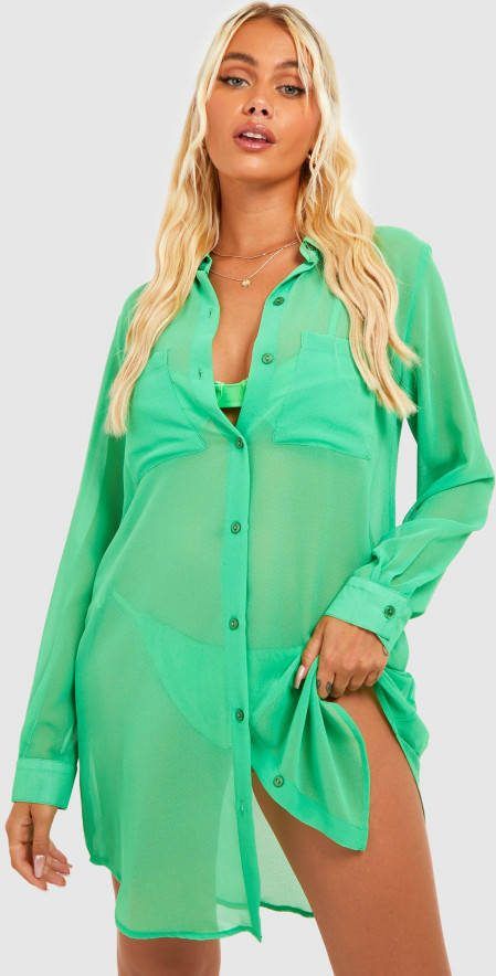 boohoo Long Line Chiffon Strand Blouse, Green