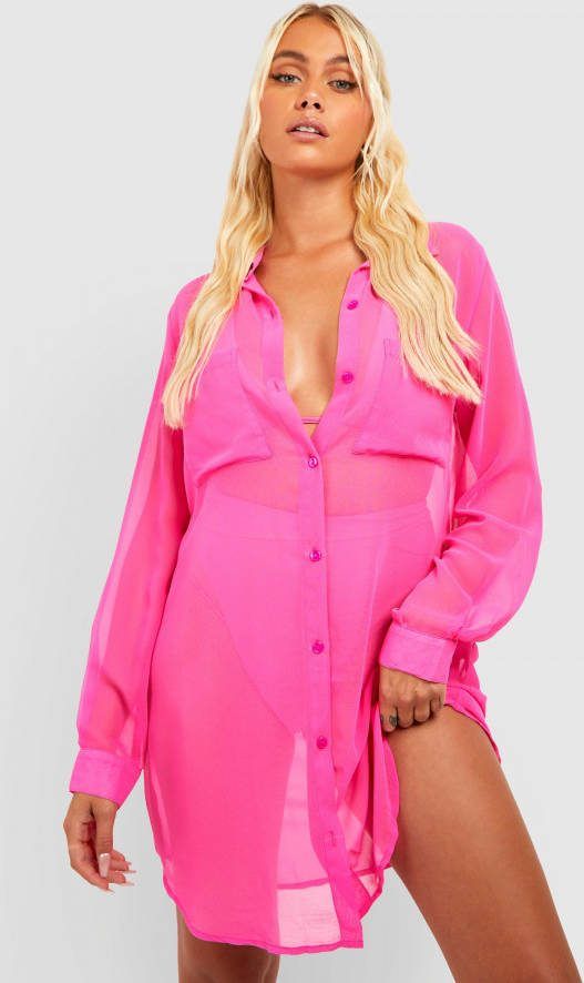 boohoo Long Line Chiffon Strand Blouse, Neon Pink