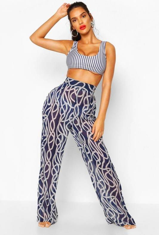 boohoo Touw Print Strandbroek Met Brede Pijpen, Marineblauw